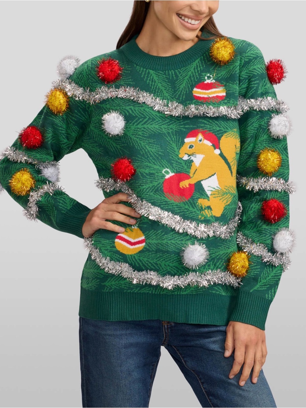 NWT Tipsy Elves Squirrelin Around Ugly Christmas Sweater 3D Pom Poms Garland Med